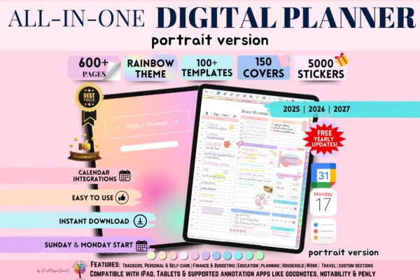 All-in-One Digital Planner Portrait Version 2025, 2026, 2027