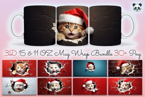 3D Christmas Cat Mug Wrap Bundle